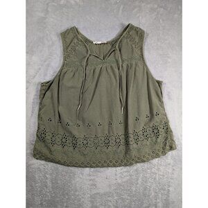 Lucky Brand Women Top Size XL Green Sleeveless Boho Eyelet Lace Hem Peasant Tank